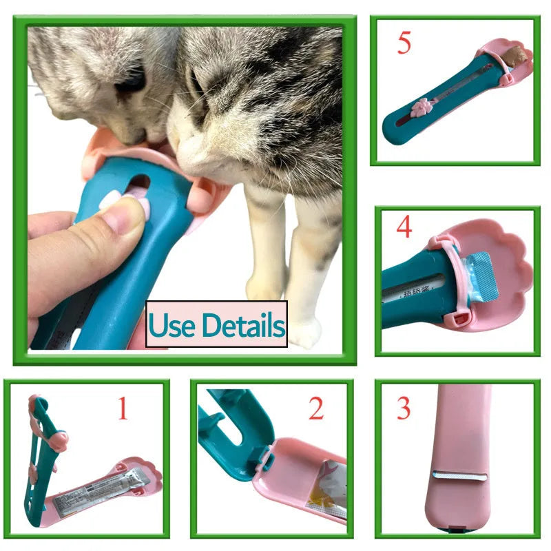 Green and pink silicone pet food spoon with squeezer function for dispensing treats and liquid food to cats and dogs