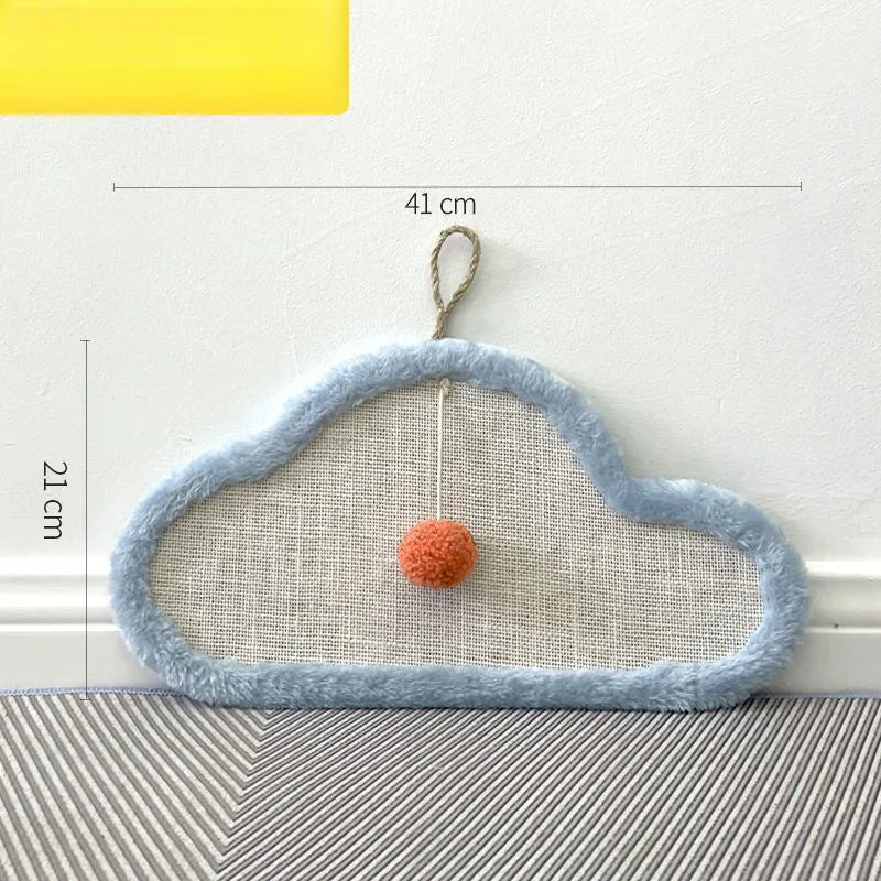 White cat scratching mat with sleeping cat design, natural sisal material, wall mounted or floor use