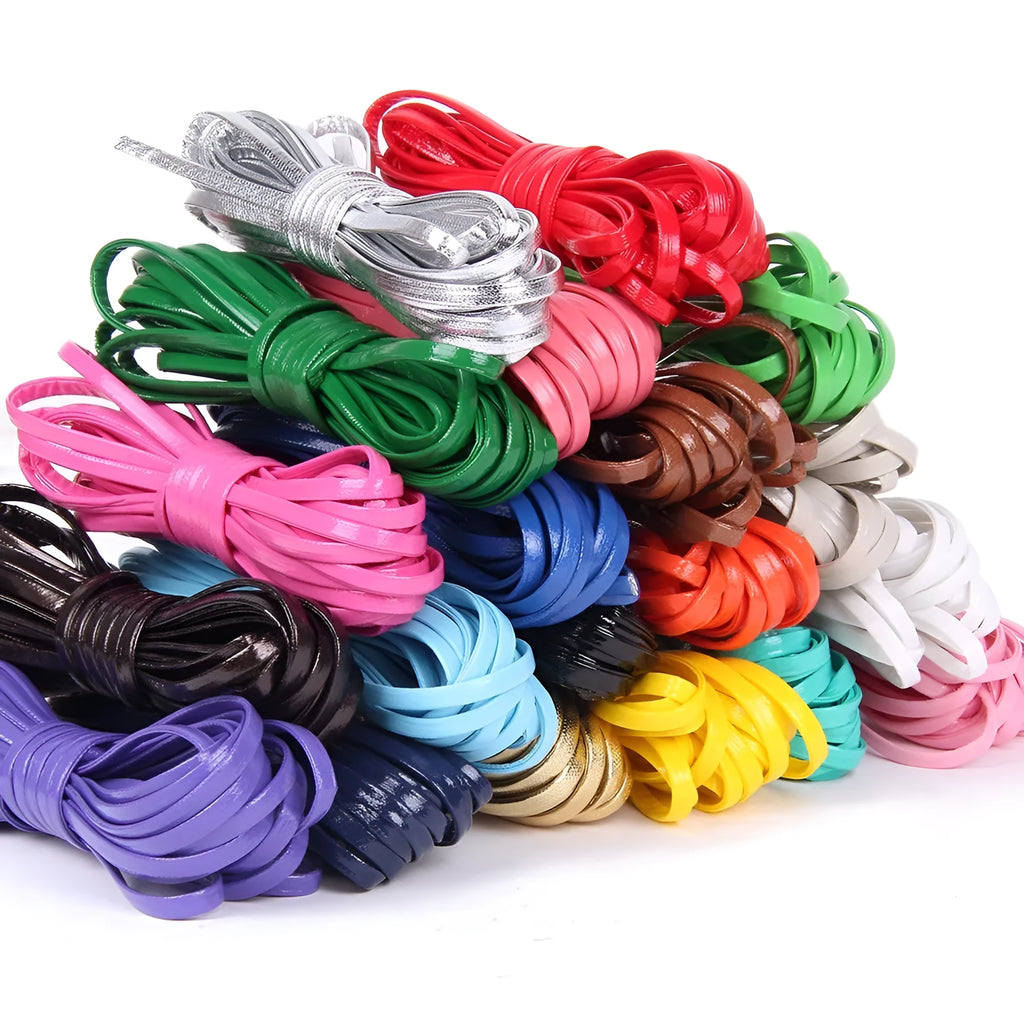 Spools of PU leather craft string in multiple colours showing different widths of 2mm, 2.8mm, and 4mm.