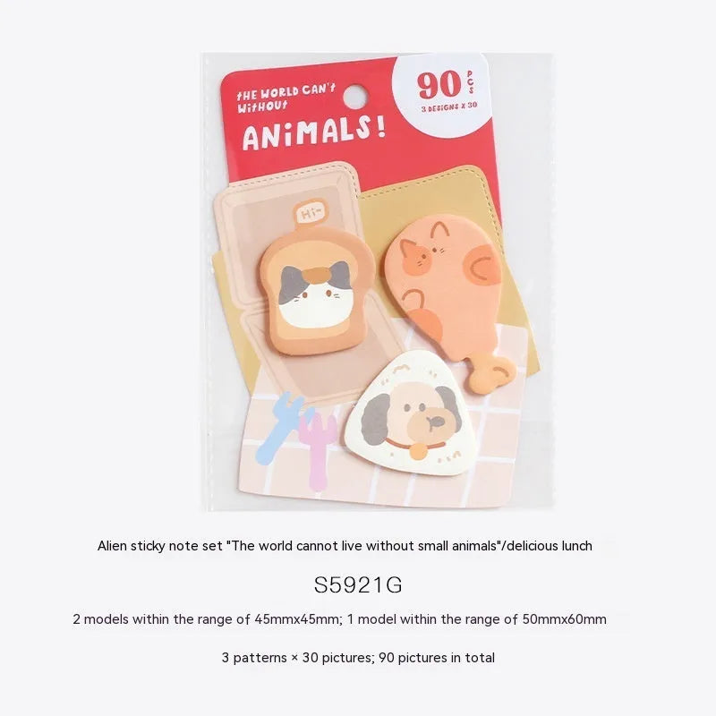 Animal-shaped sticky note set showing six cute designs including bunny, kitten, puppy and sea otter themes