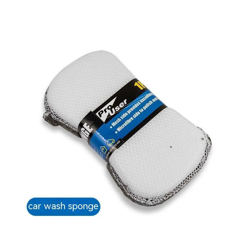 Grey 9-piece car wash set with microfiber sponge, glove, tyre brush, waxing wipes, and towels.