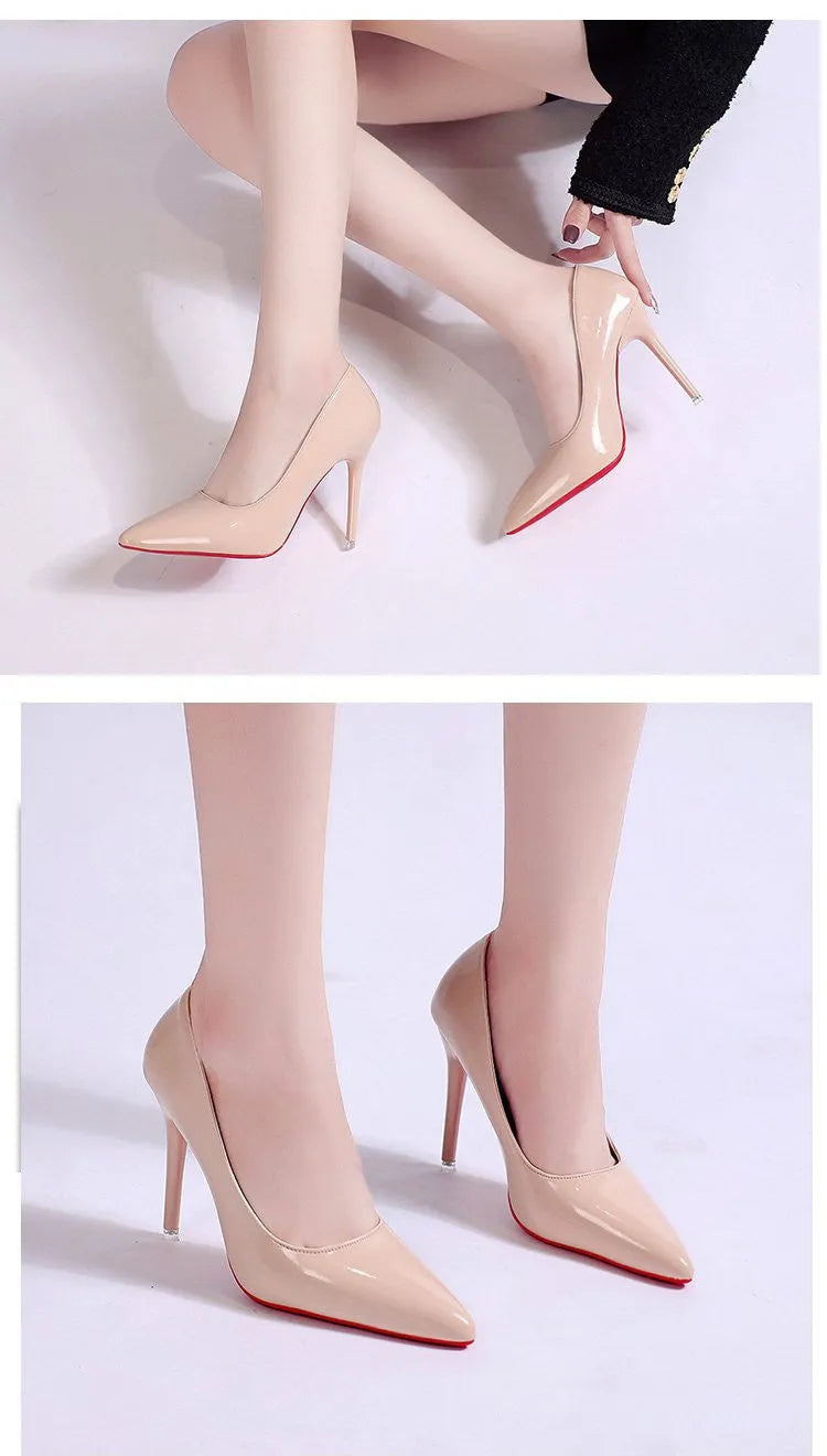 Women's solid colour stiletto heel court shoes with pointed toe and shallow cut design.