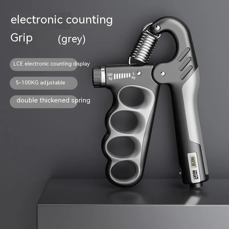 Adjustable electronic count spring grip in grey, orange, or red colours with digital display.