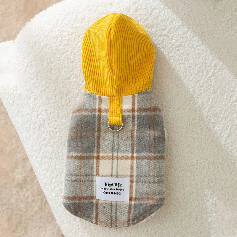 Blue corduroy dog hoodie vest with chessboard grid pattern and attached hood featuring traction details
