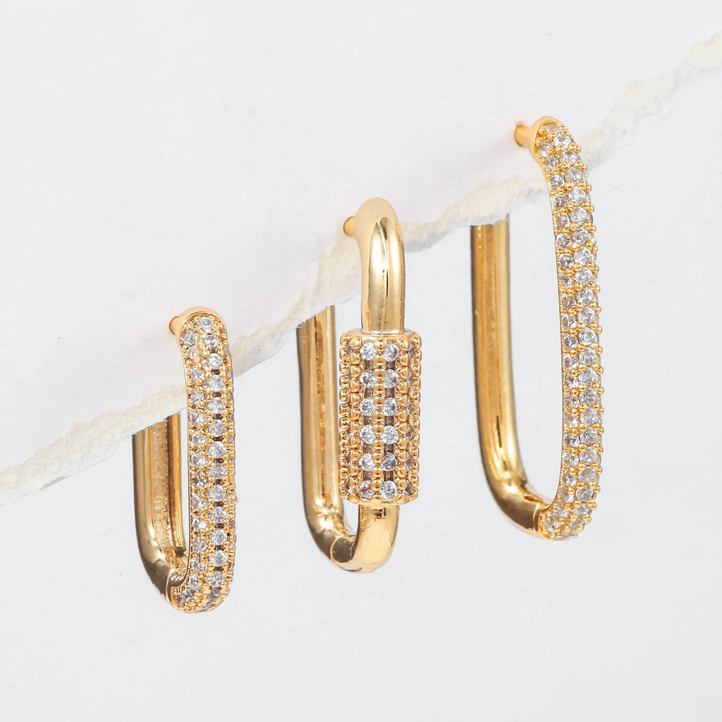 Geometric square ear clip set with micro inlaid zircon stones in gold and white k tones