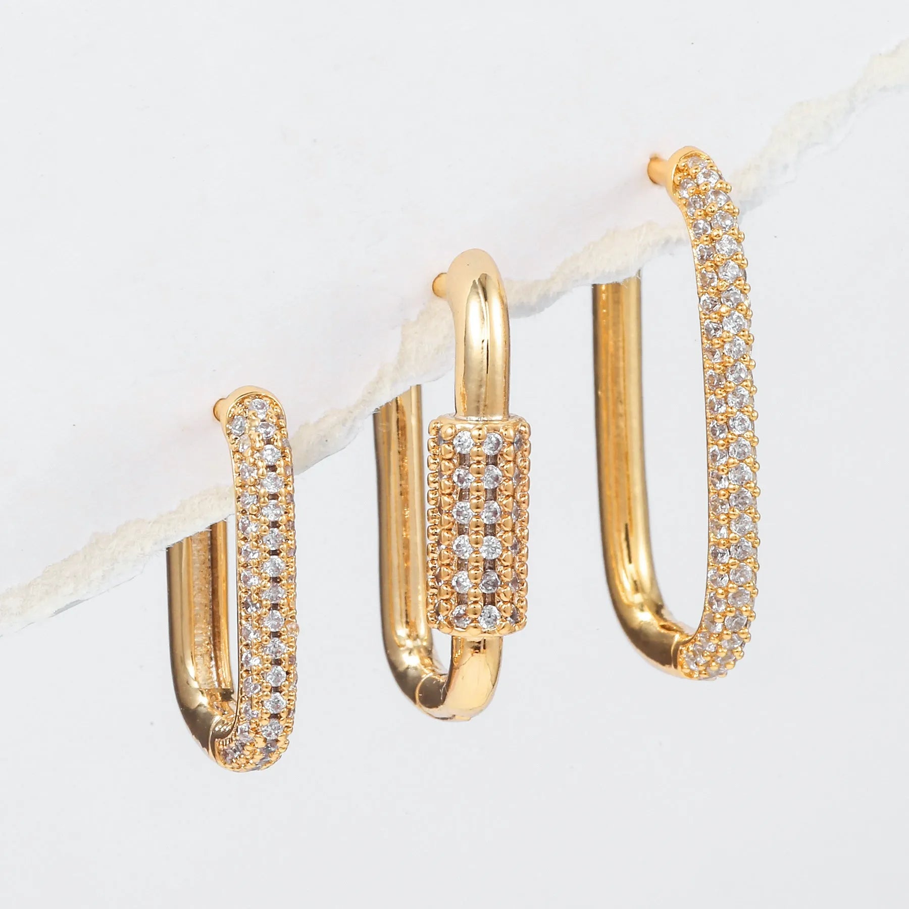 Geometric square ear clip set with micro inlaid zircon stones in gold and white k tones