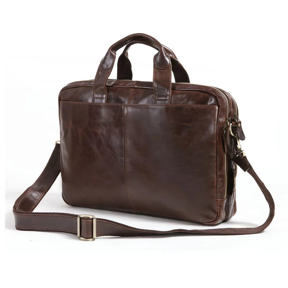 Brown 18 inch men's business briefcase in first layer cowhide with leather pattern texture