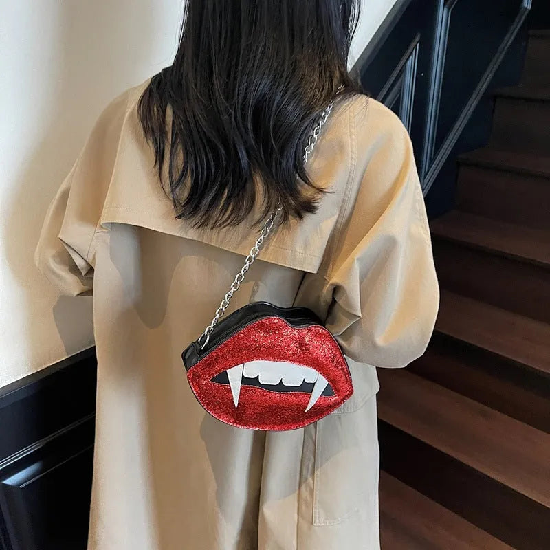 Red sequin PU leather small crossbody bag with chain detail hard shell oval shape single strap free size