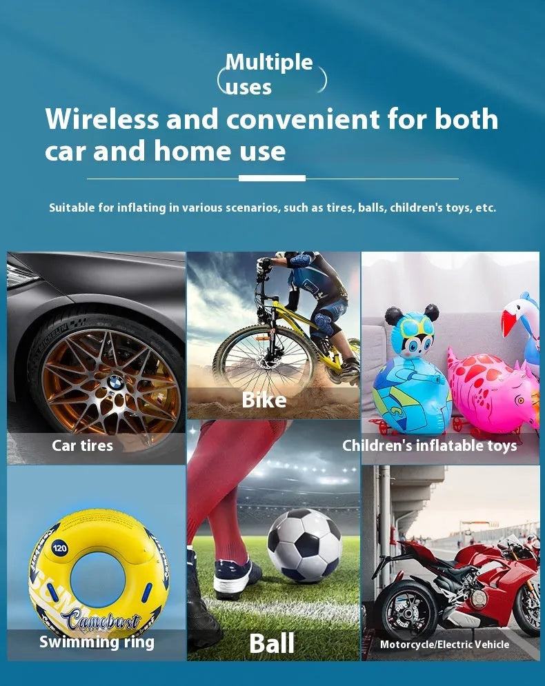 Portable wireless tyre pump with power bank and flashlight functions for multiple vehicle types
