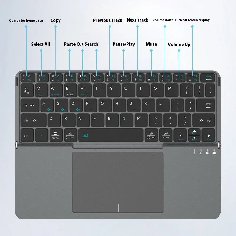 Grey folding wireless Bluetooth keyboard shown in both folded and unfolded positions