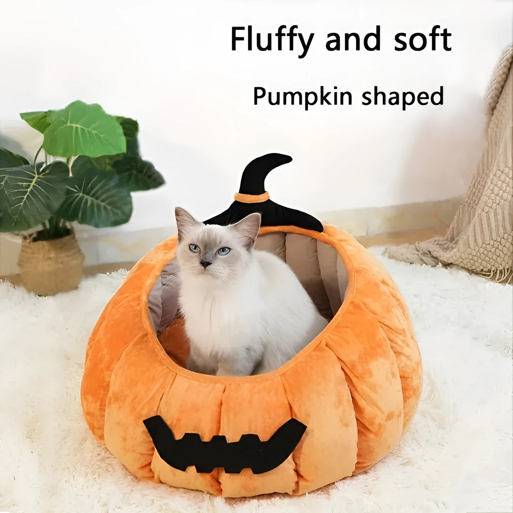 Orange plush Halloween pumpkin cat bed with cartoon devil face for small dogs
