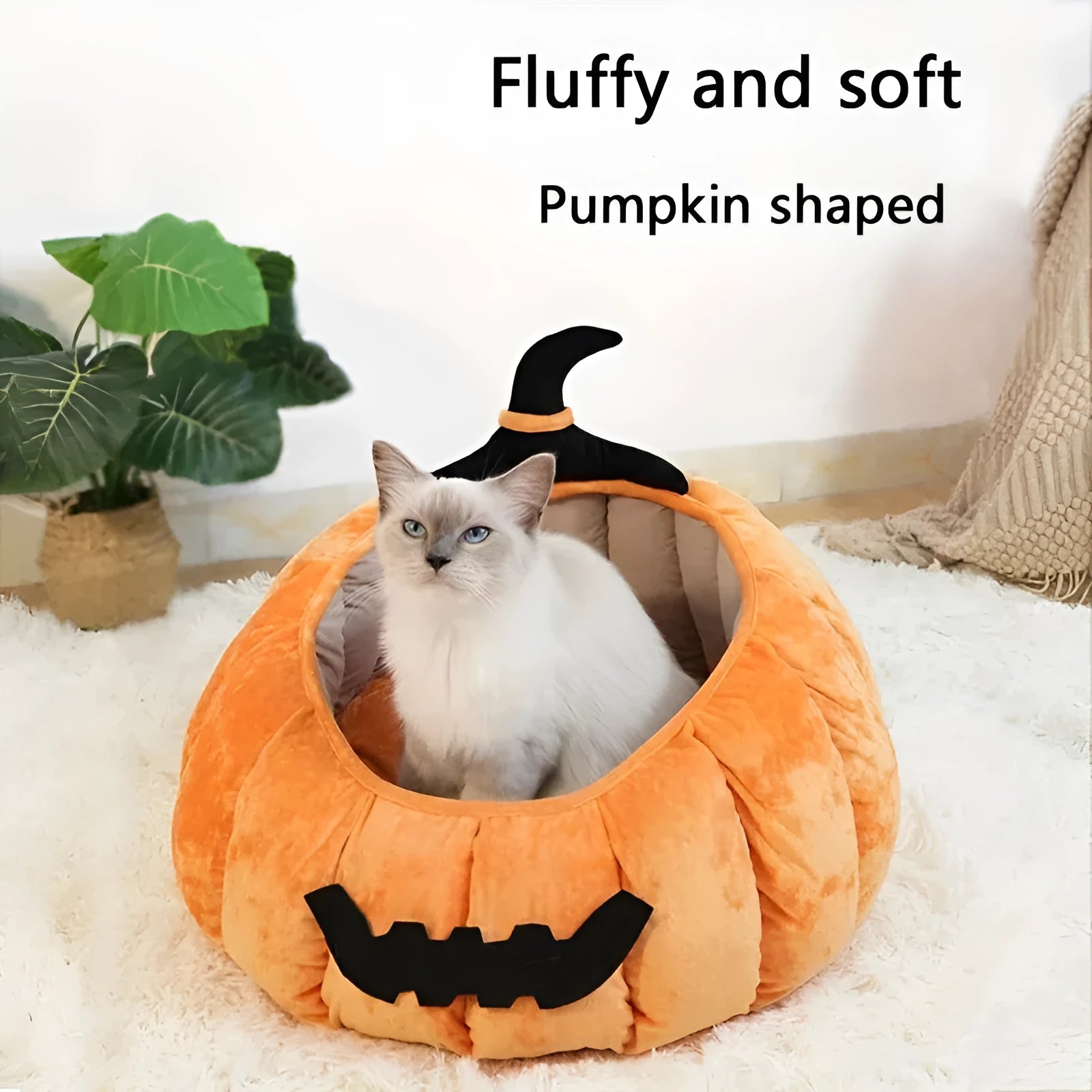 Orange plush Halloween pumpkin cat bed with cartoon devil face for small dogs