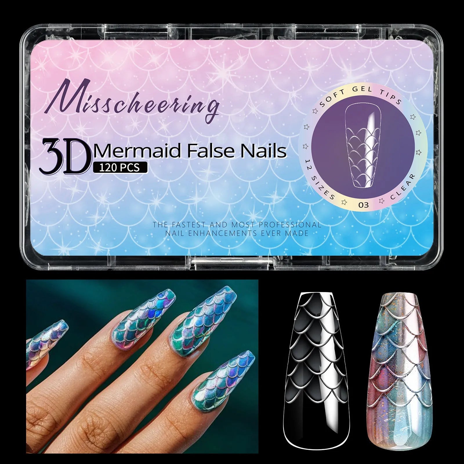 Box of 3D scale long shaping artificial nail tips for manicures.