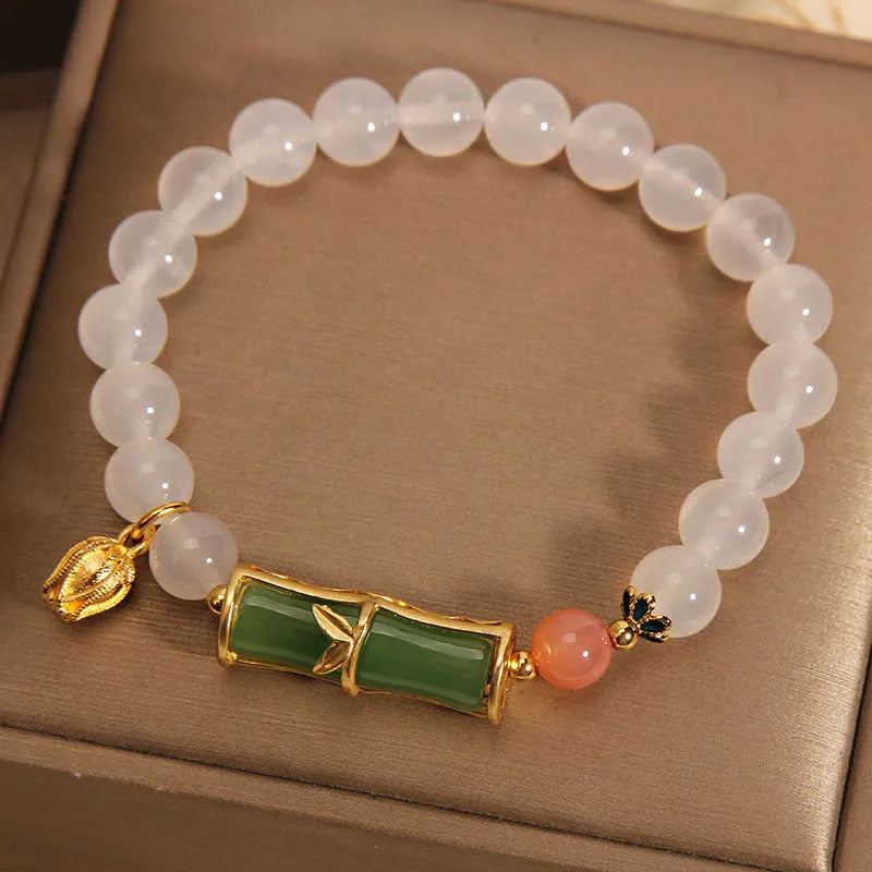 White agate jasper and jade bamboo beaded bracelet in traditional Chinese style for women