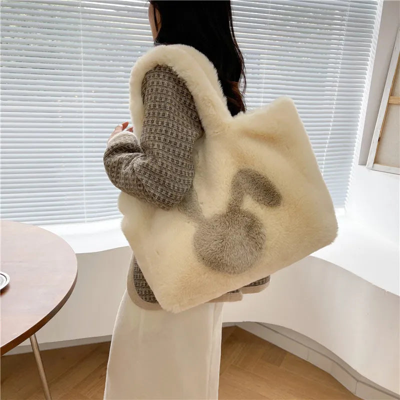 Plush shoulder bag with cartoon rabbit ears in solid colour with large capacity