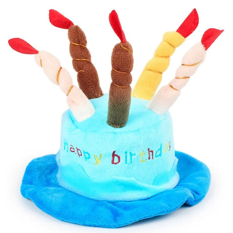 Adjustable dog birthday hat for small breeds in pink or blue colour with elastic strap