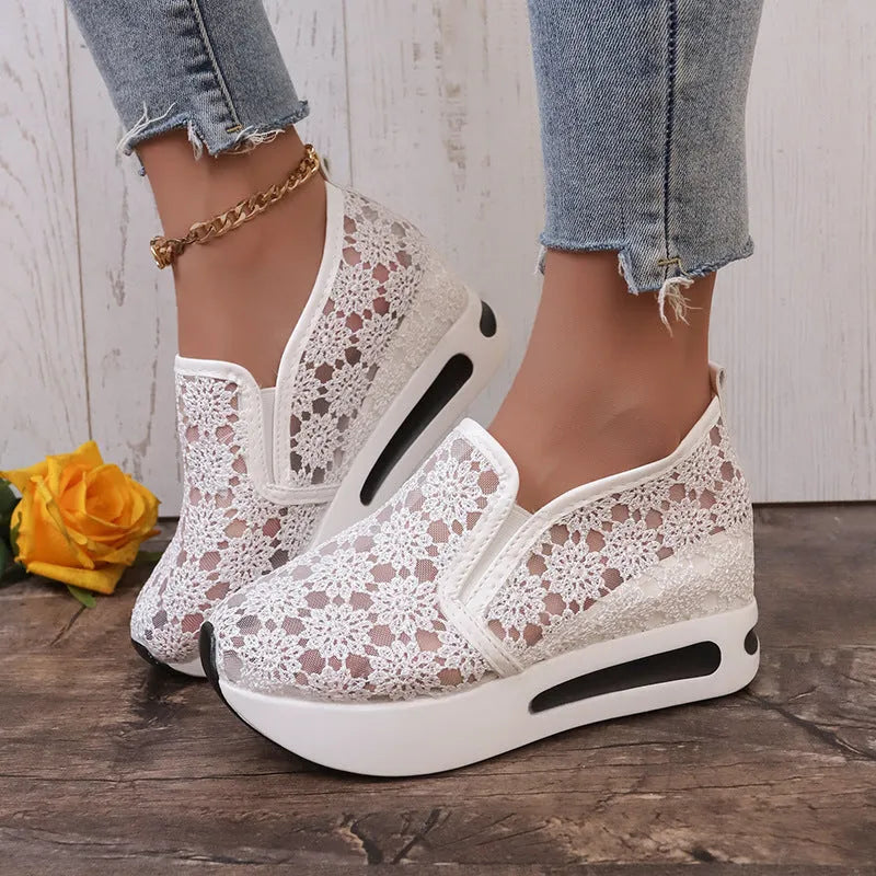 Women's lace mesh flat shoes with inner heightened platform, round toe, satin upper, available in pink and white