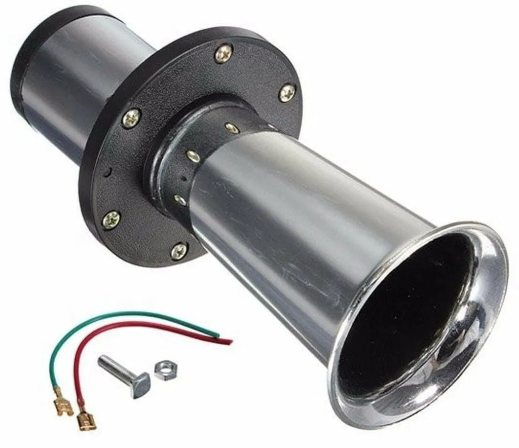 Black 12V universal replacement car horn with silver finish for automotive use