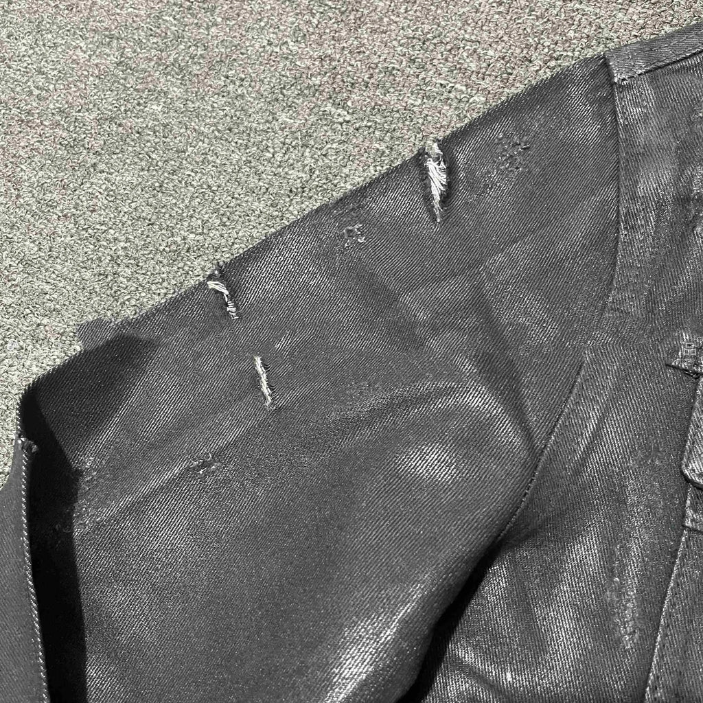 Black denim coat archive short slim jacket with lapel collar on model