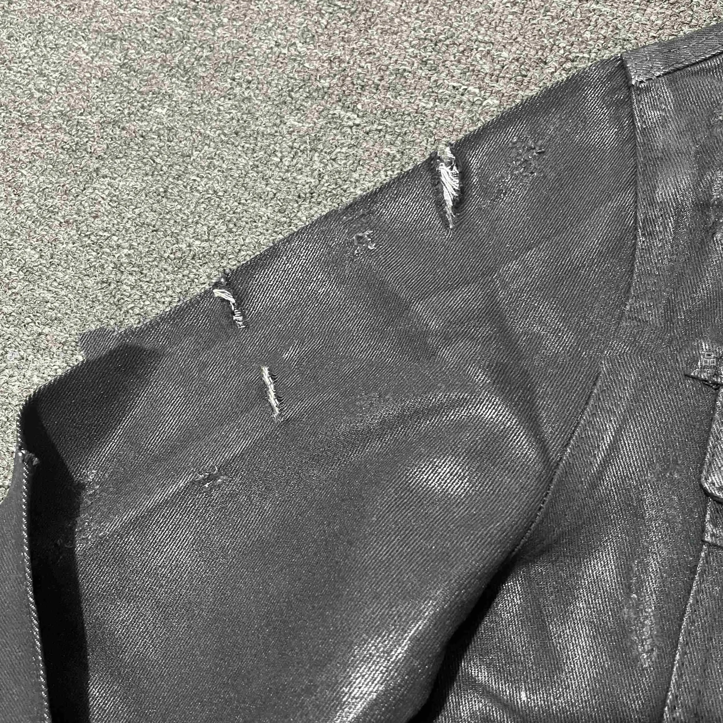 Black denim coat archive short slim jacket with lapel collar on model