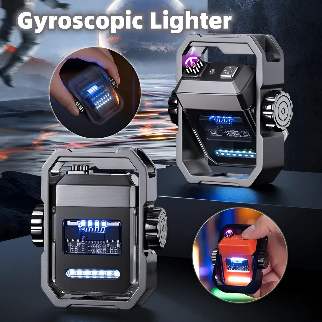 Blue windproof plasma electric lighter with a visible mechanical gyroscope and a folding design.