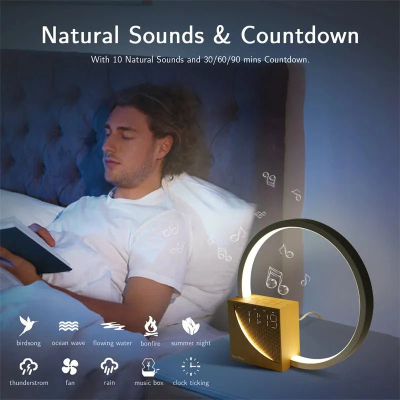 Touch-control bedside lamp with digital alarm clock display and wooden finish