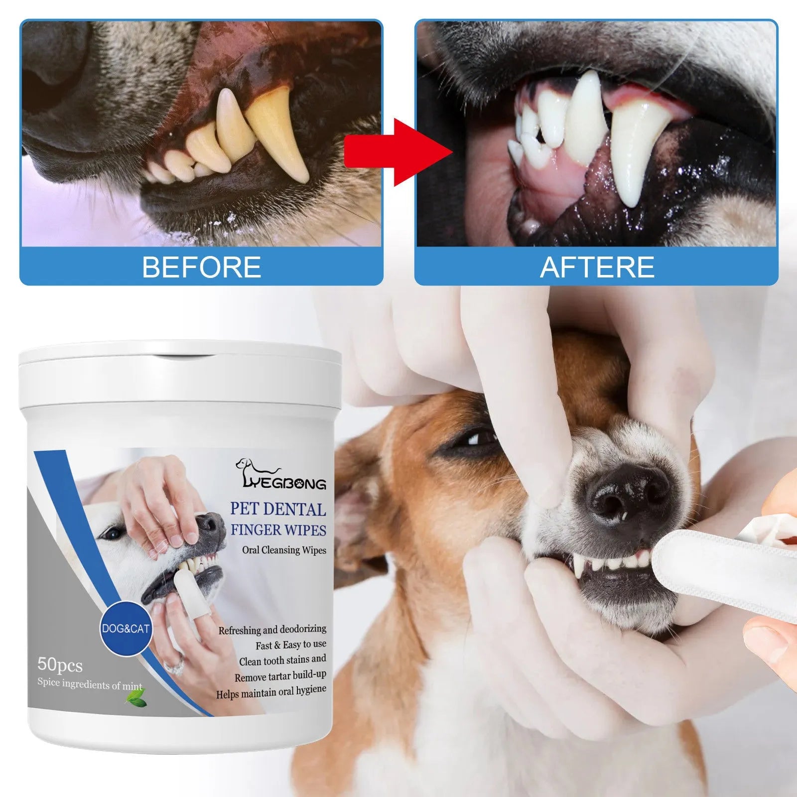Can of dog dental cleaning wipes with finger stall applicator for pet teeth oral care