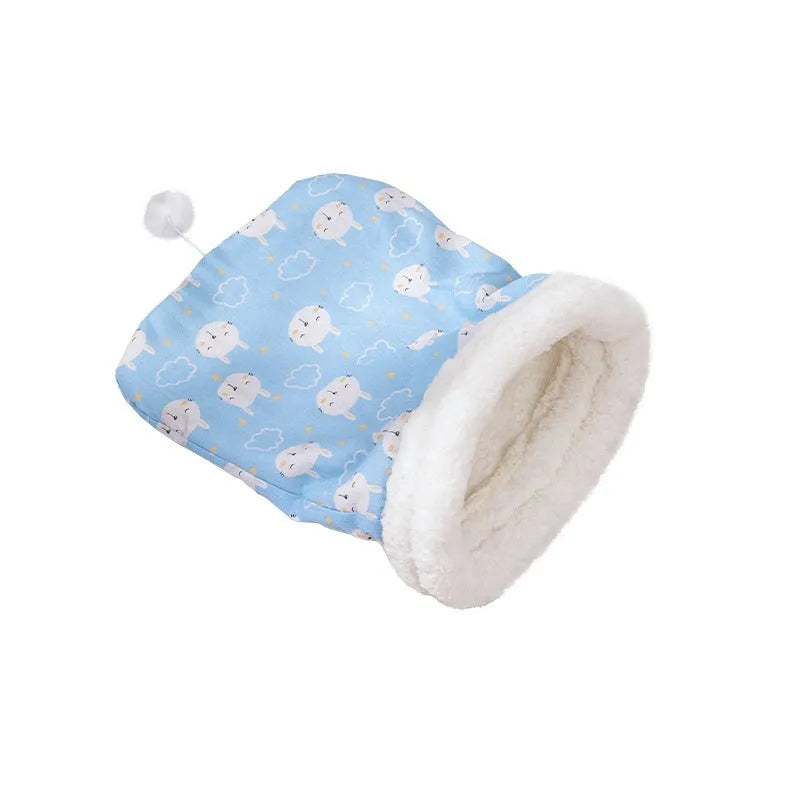 Pink, blue, and striped cat sleeping bag nests measuring 50 by 40 centimetres.