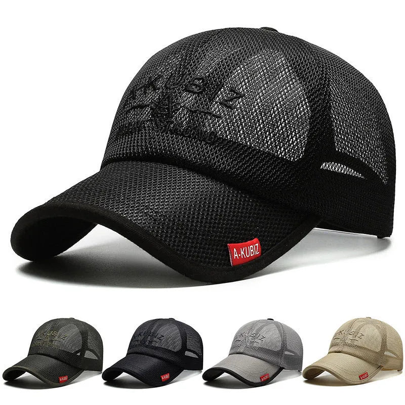 Men's adjustable mesh baseball cap in dome crown style with breathable fabric for summer sun protection