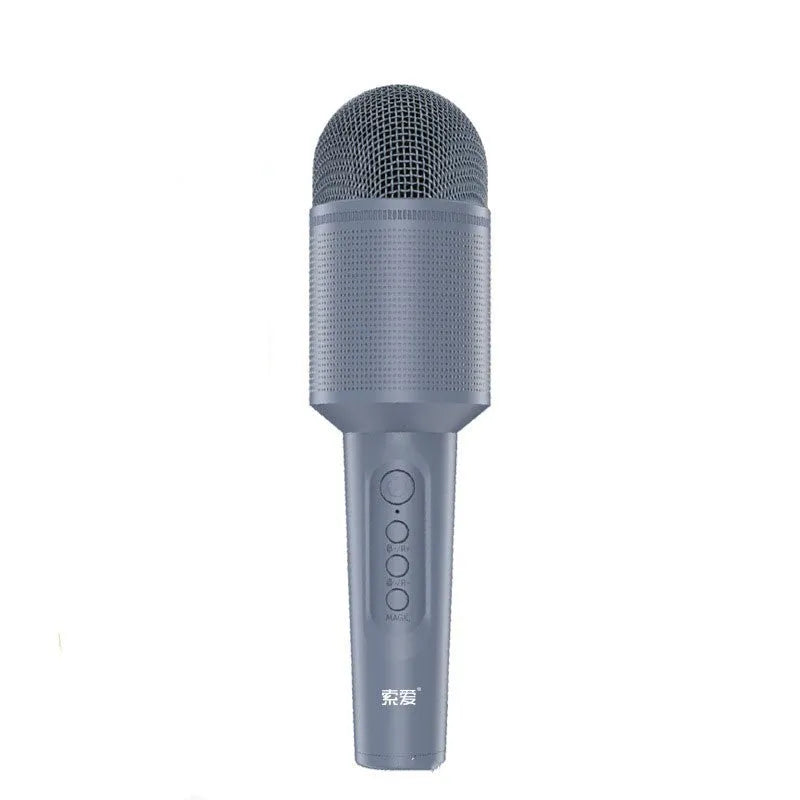 Wireless Bluetooth karaoke microphone in pink, blue, or mint green with built-in speaker.