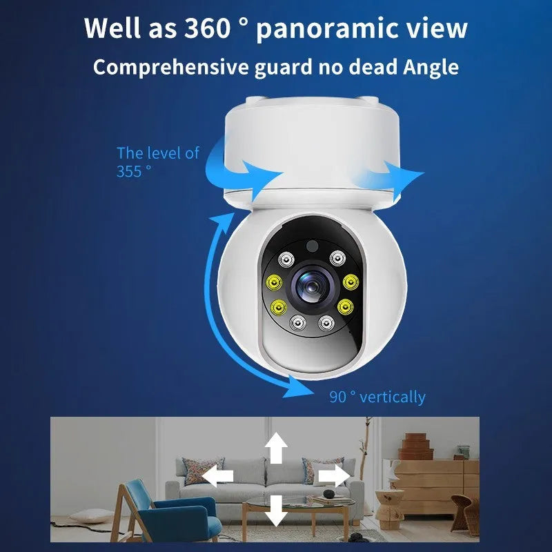White indoor Wi-Fi smart security camera on a stand with 360-degree rotation for panoramic monitoring.