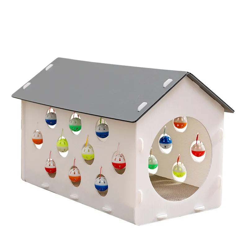 Plastic cat scratch board integrated with cat nest and bell ball tunnel toy