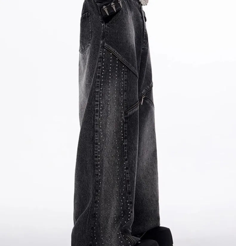 Korean style black and grey washed denim wide leg pants and matching waistcoat co-ord set