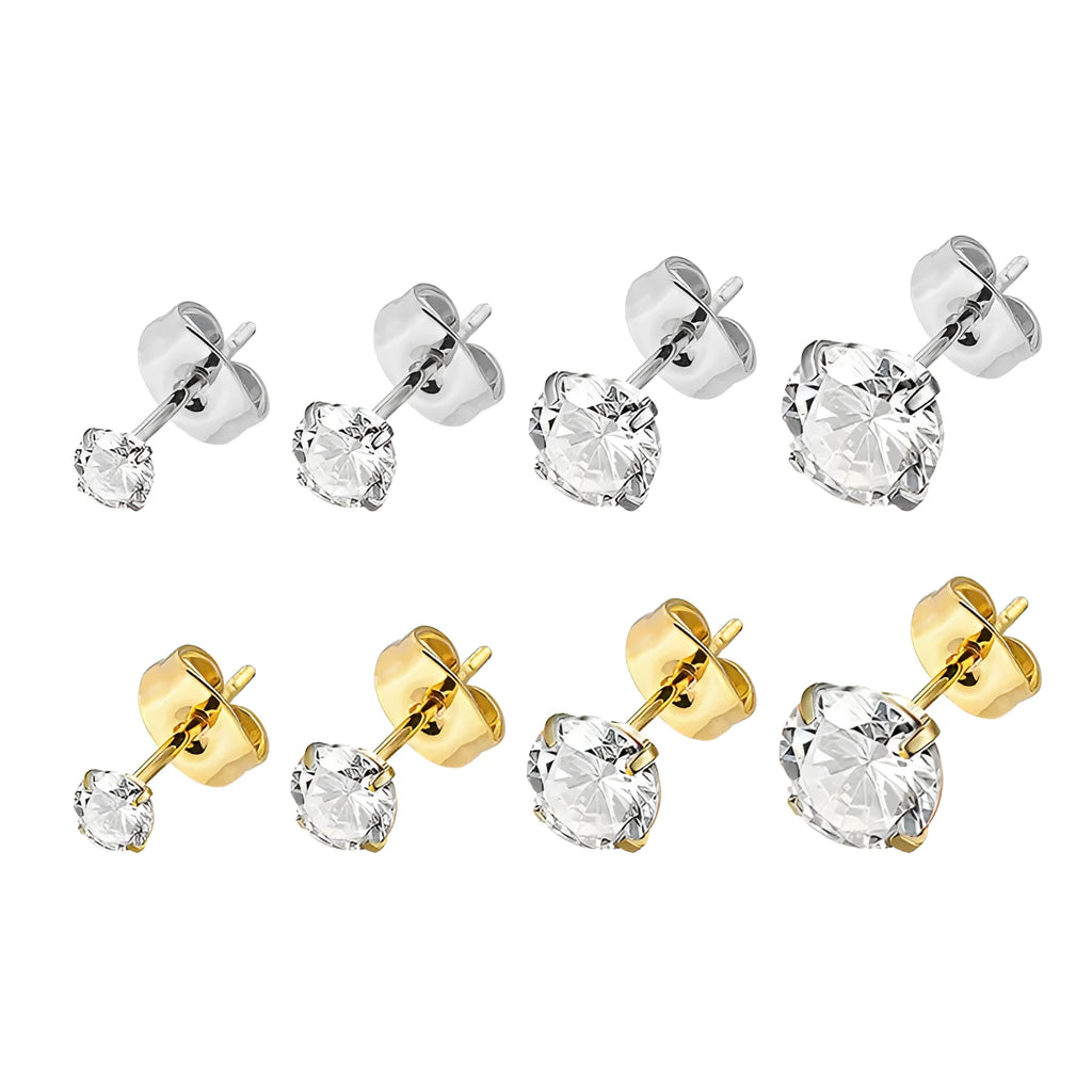 A pair of square geometric stud earrings with round zircon stones in stainless steel, shown in gold and steel colour finishes.