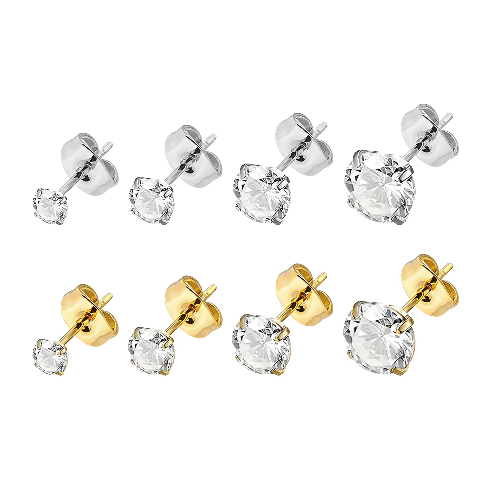 A pair of square geometric stud earrings with round zircon stones in stainless steel, shown in gold and steel colour finishes.