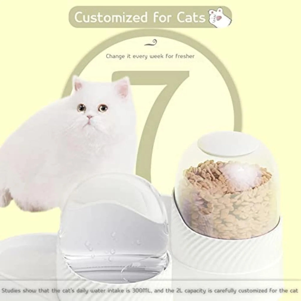 White gravity cat feeder and water dispenser set with wave-shaped design, 2L capacity each.