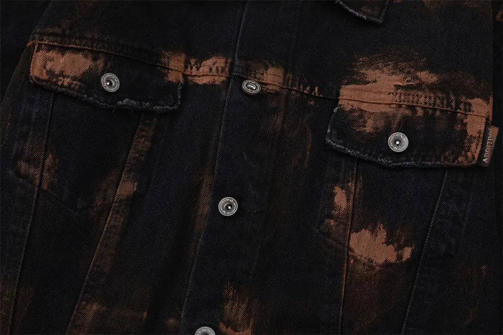 Black cotton denim jacket for men with fashion holes in street style