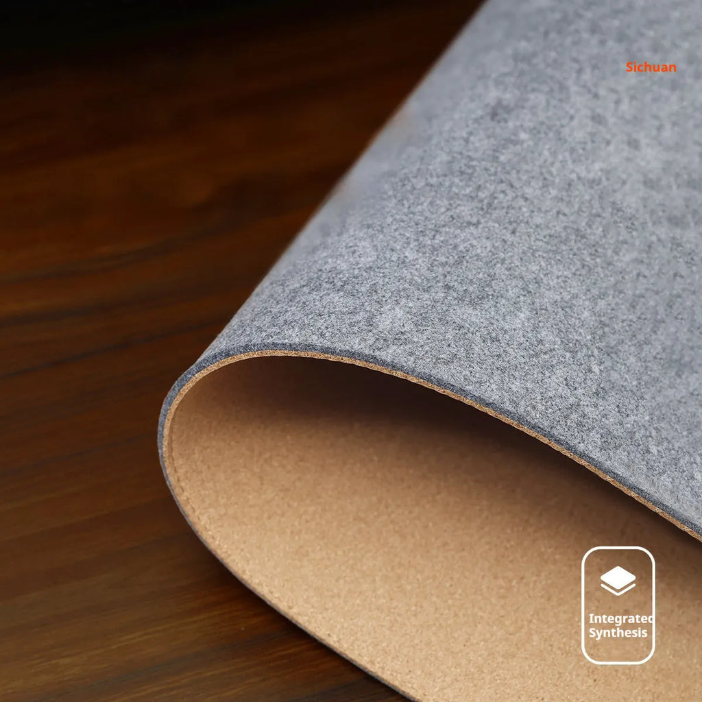 Oversized winter warm desk mat with felt and cork construction on wooden desk