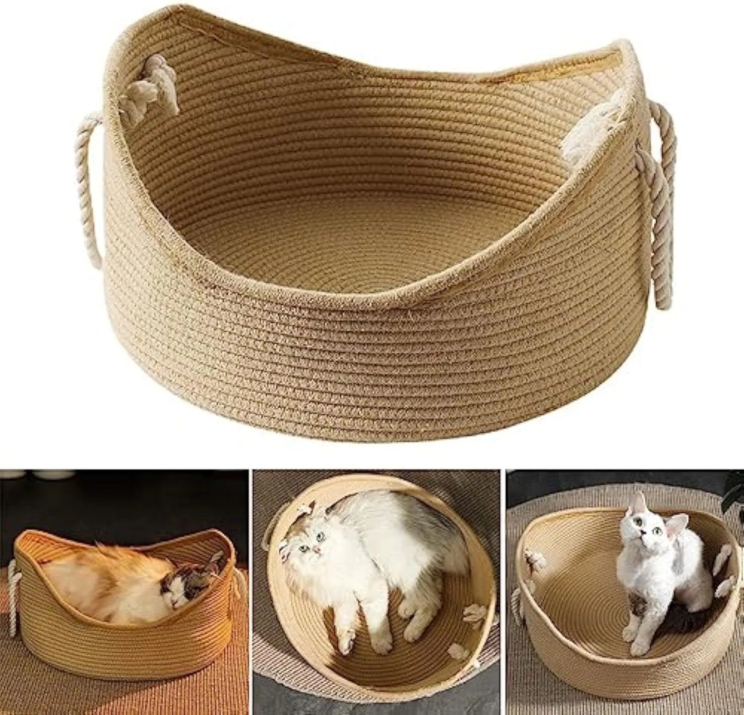 Wicker cat bed basket with built-in corrugated scratching board, shown in two available sizes for cats.