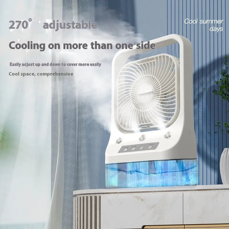White USB rechargeable portable air cooler fan with adjustable head and water tank.