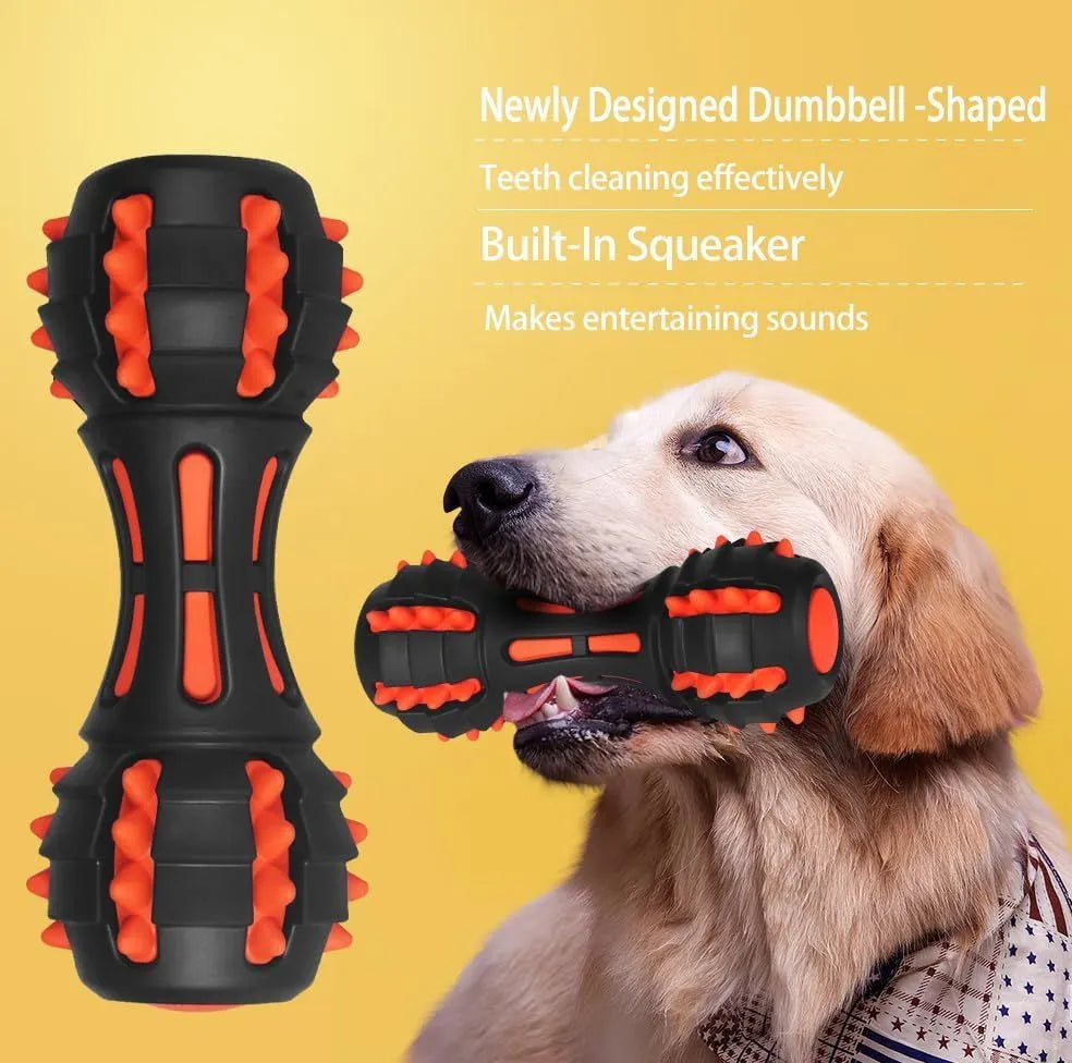 Red dumbbell-shaped durable rubber dog toy with squeaker for large breed aggressive chewers