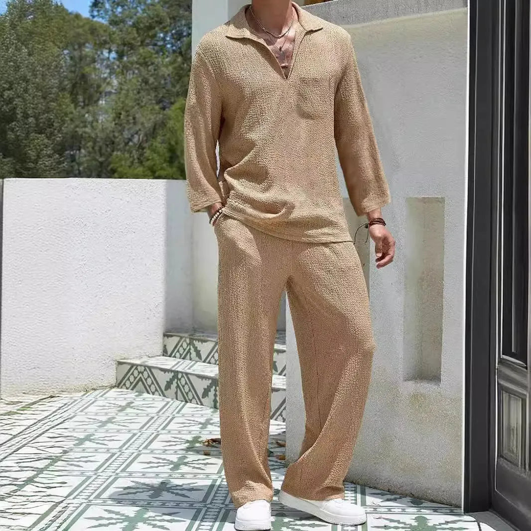 Men's casual polyester suit set with shirt jacket and trousers in four colour options