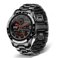 Silver stainless steel smart watch with black touch screen displaying step count