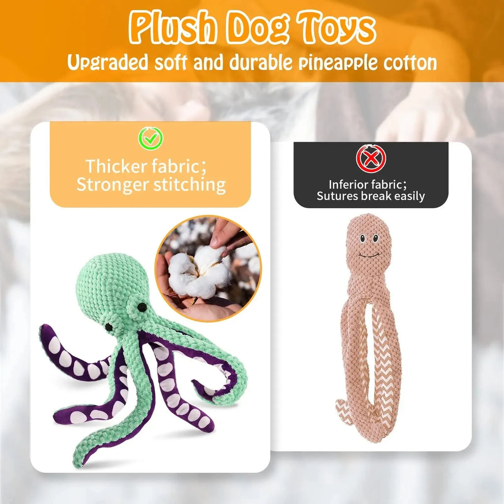 Blue plush octopus dog toy with six long legs and cartoon eyes on a white background.
