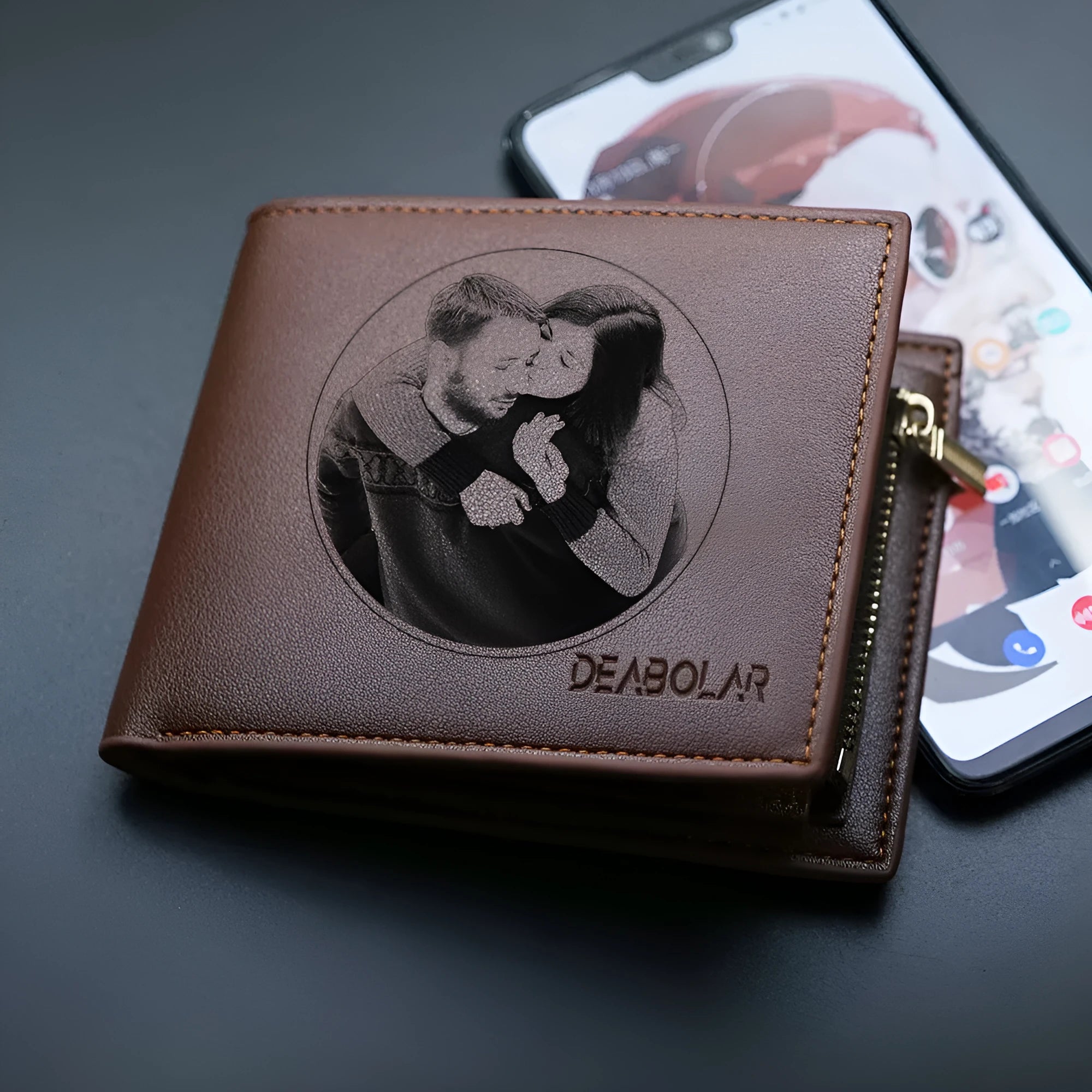 Men's brown leather zip wallet presented in gift packaging