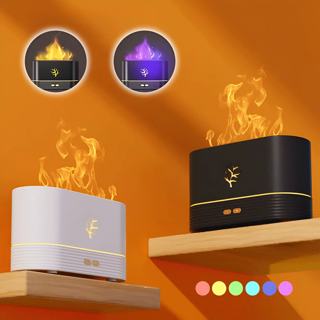 Square flame humidifier with LED fire effect showing mist output