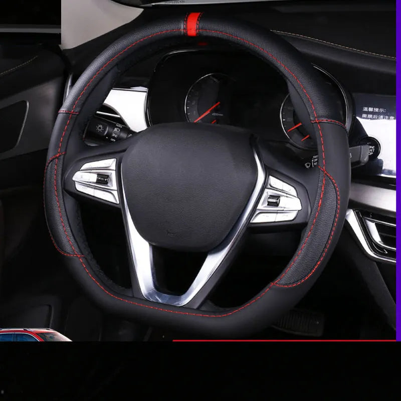 Universal leather steering wheel cover in D-type black design for 38cm steering wheels.
