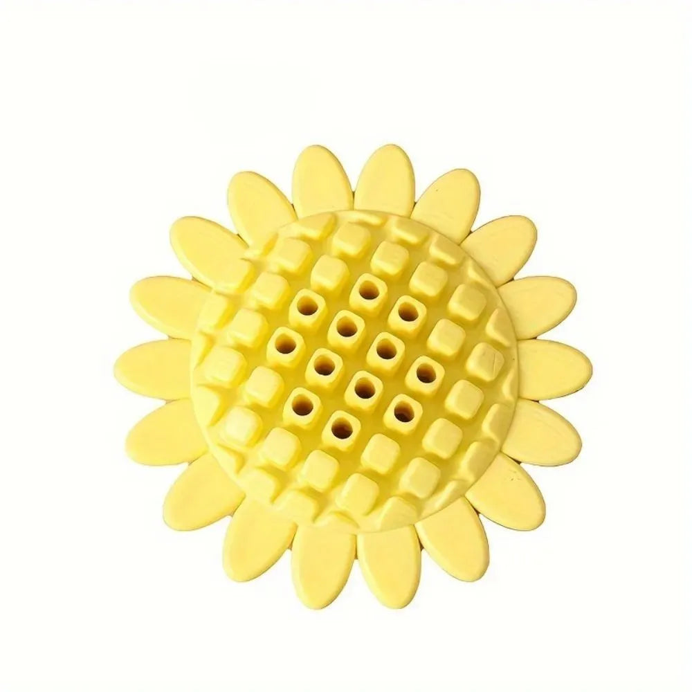 Yellow rubber sunflower dog toy for puppy teething with textured petal surface