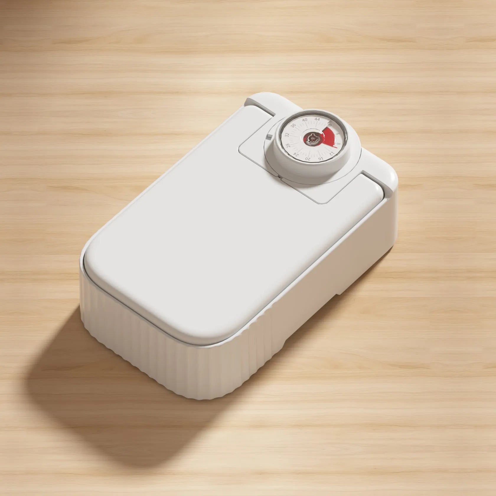 White pet automatic feeder with timer display and removable ice crystal cooling box underneath.
