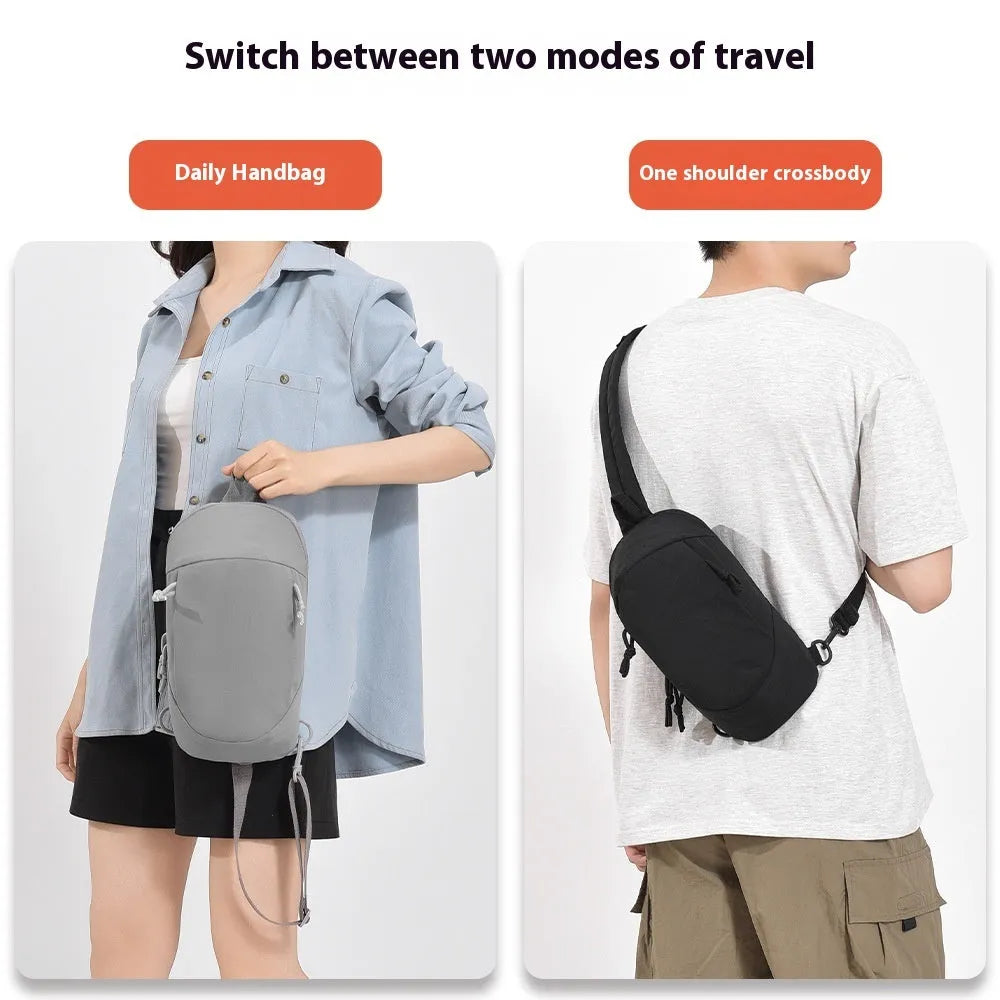 Outdoor nylon crossbody chest bag for girls in six colours, showing internal mobile phone pocket.